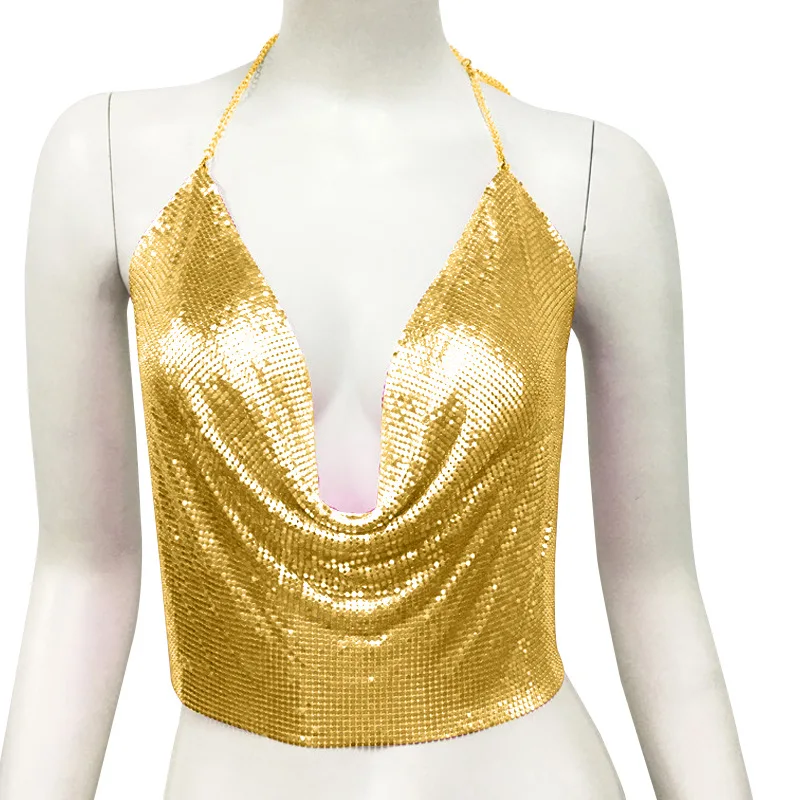 

Сексуальный топ с металлическими блестками на бретельках, женский трансграничный сладкий жилет с пряным ремешком, ультратонкий летний модный сложенный тканевый Crt