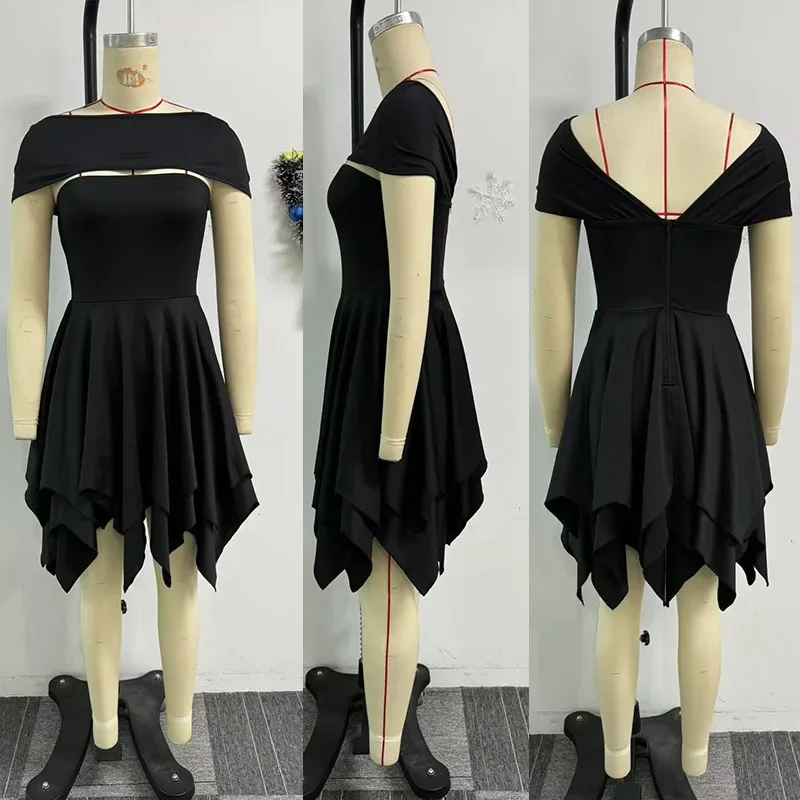 솔리드 우아한 컷 아웃 Strapless 파티 드레스 여성을위한 나이트 클럽 a 라인 불규칙한 하이 웨이스트 지퍼 백리스 댄스 파티 생일 드레스