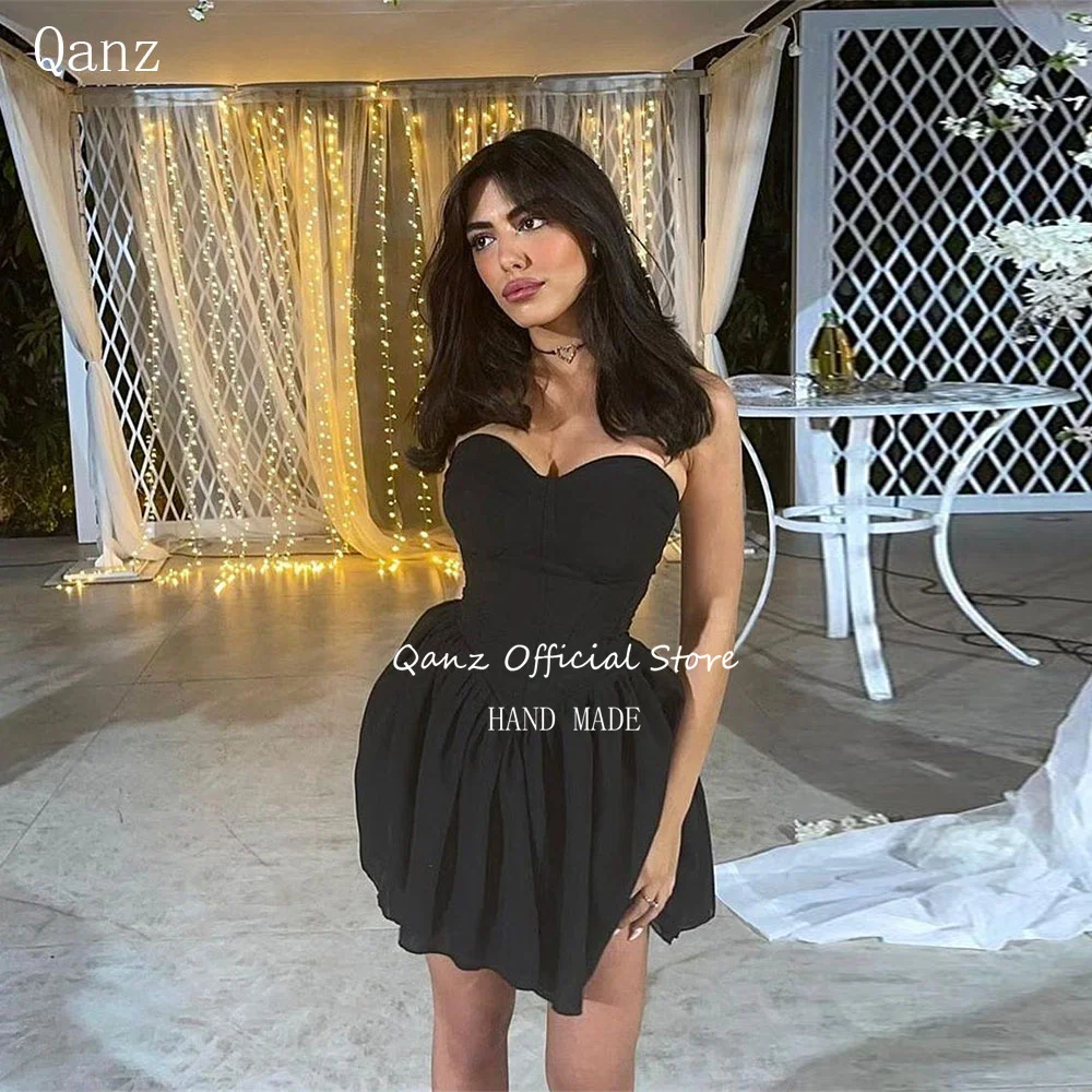 

Qanz Sweetheart Short Homecoming Dresses Black Mini Satin Vestidos De Noche Elegantes Corset Back Party Gown Customized