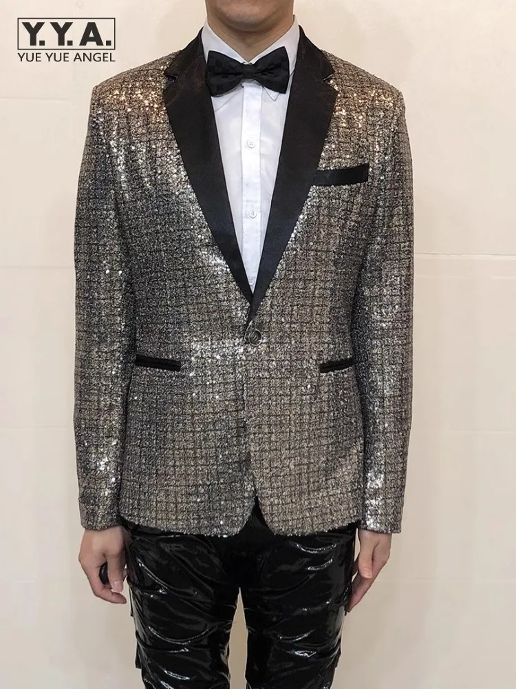 

Fashion Sequin Suit Jacket Mens Single Button Party Banquet Host Performance Clothing Slim Fit Business Casual Blazers Top Coat