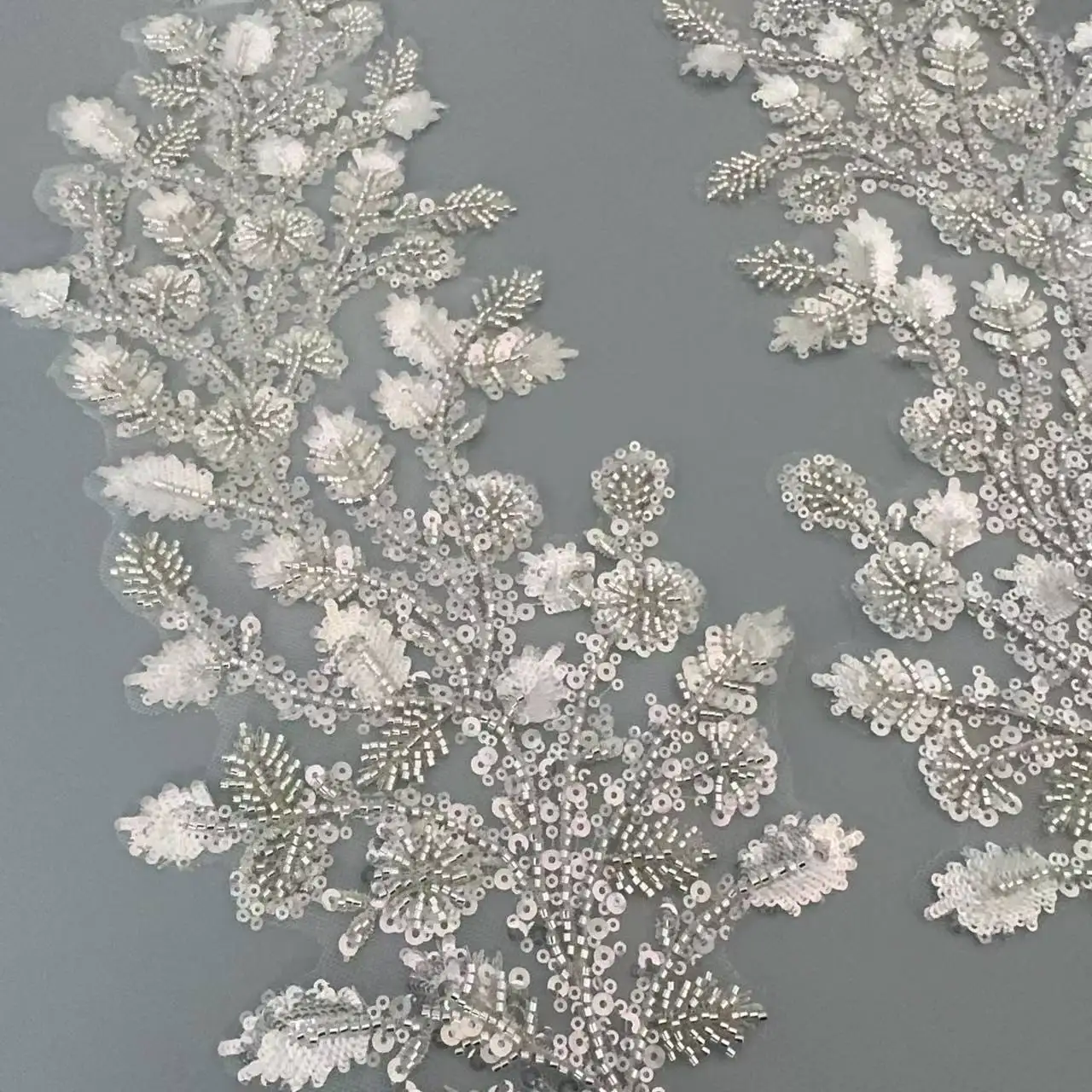 2PCS=1Pair.Silver Beaded Sequins Lace Mirror Flowers.Flower Leaves Embroidery Wedding Dress Headdress.DIY Sewing Supplies Patch