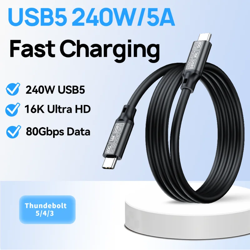 كابل شحن سريع 240 وات USB-C إلى USB-C 5A كابل بيانات 80 جيجابت في الثانية متوافق مع كابل عرض Thunderbolt 5/4/3 16K60 هرتز Type-C