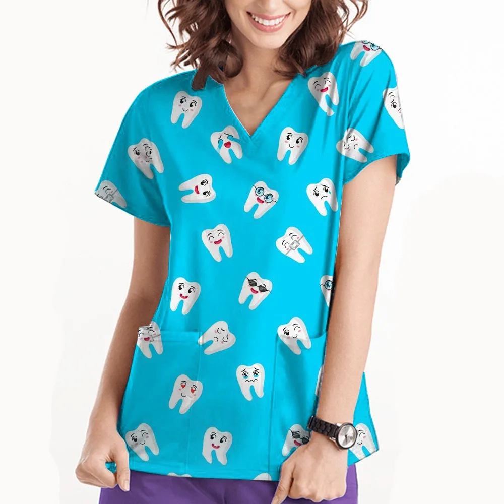 歯科女性の病院制服歯漫画プリント口腔ナーストップス V ネック半袖ポケット Tシャツナース制服女性