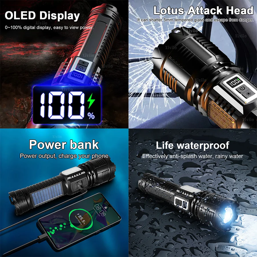 أحدث مصباح يدوي بالطاقة الشمسية السوبر مشرق نوع-c مشاعل قابلة للشحن طويلة المدى 4000 متر التكتيكية مصباح شعلة التخييم الصيد مصباح