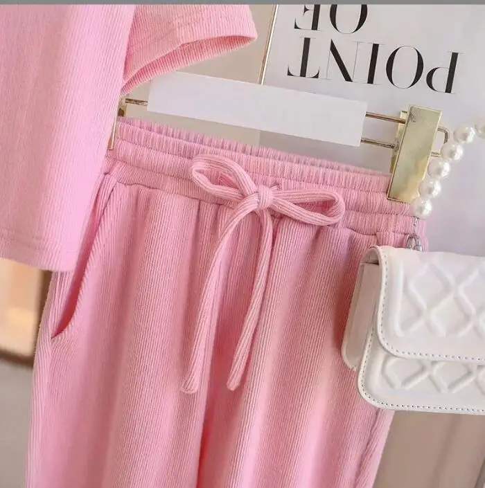 Retail 2023 New Baby Girls Teenage Summer Fashion Pink Sets,  Back Hollow Out Top+ Pants   3-10T