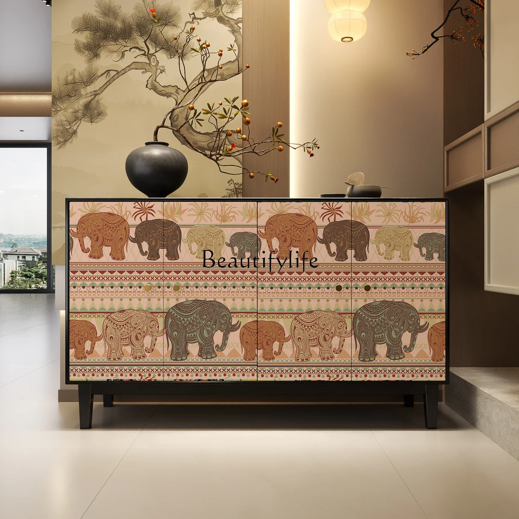 

yj9 Medieval style solid wood painted dining side cabinet American retro wabi style living room wall locker