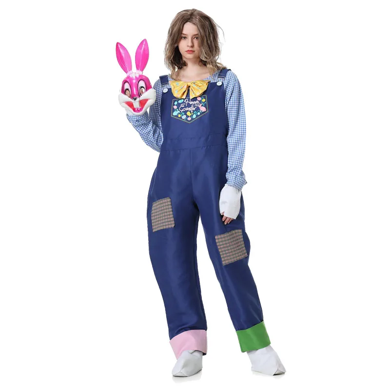 Easter Rave Adult Rabbit Costume Women Men  Bunny Mask Top Suspenders Gloves Foot  Cartoon Bib Pants Set Family Suit