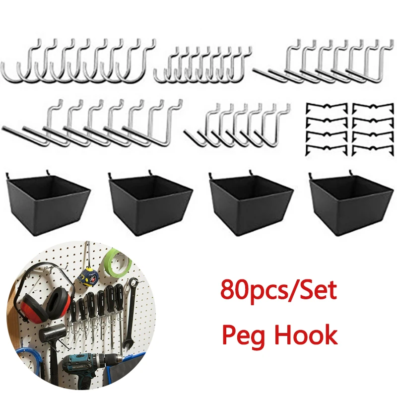 

80 шт., крючки для хранения в домашнем магазине, набор вешалок для инструментов, крючки для перфорированной доски, ассортимент, гаражные кухонные крючки-органайзеры для мастерской
