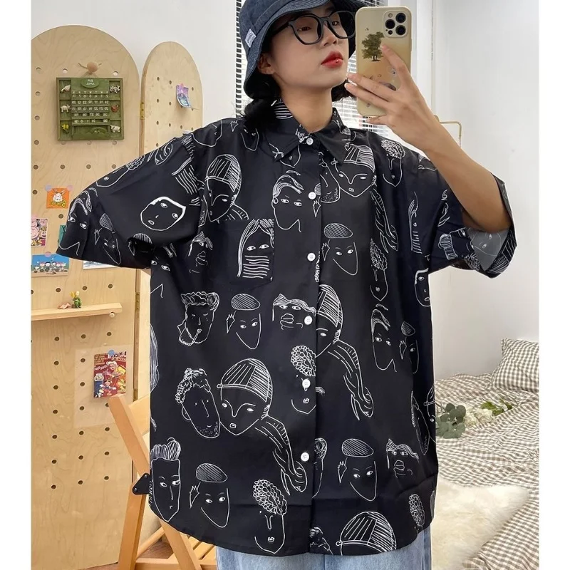 Japanese Lovers Kawaii Y2K Tops Loover Oversized Single Breasted Personalized Shirt Cartoon Face Graphic Clothes Hip Hop Casual