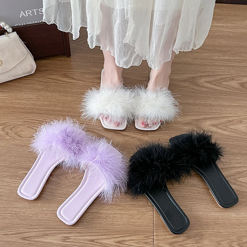 

Plush Open Toe Sexy Fur Feather Women's Slippers Summer Fashion Solid Color Anti-slip Square Soft Bottom Comfortable Slippers.