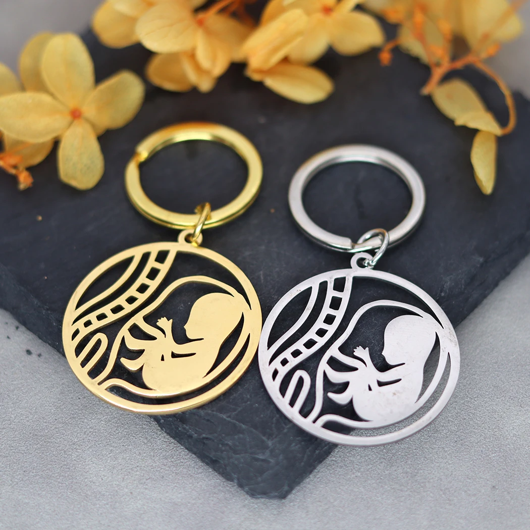 Stainless Steel Baby In Women Fetus Pregnancy Keychains Women Trendy Jewelry Round Key Rings Men Party Gift