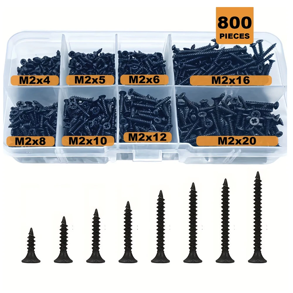 M2 black Flat Head Cross Carbon Steel Self-Tapping Screw 800Pcs, Suitable For Home Improvement, DIY Engineering, Electronic Prod