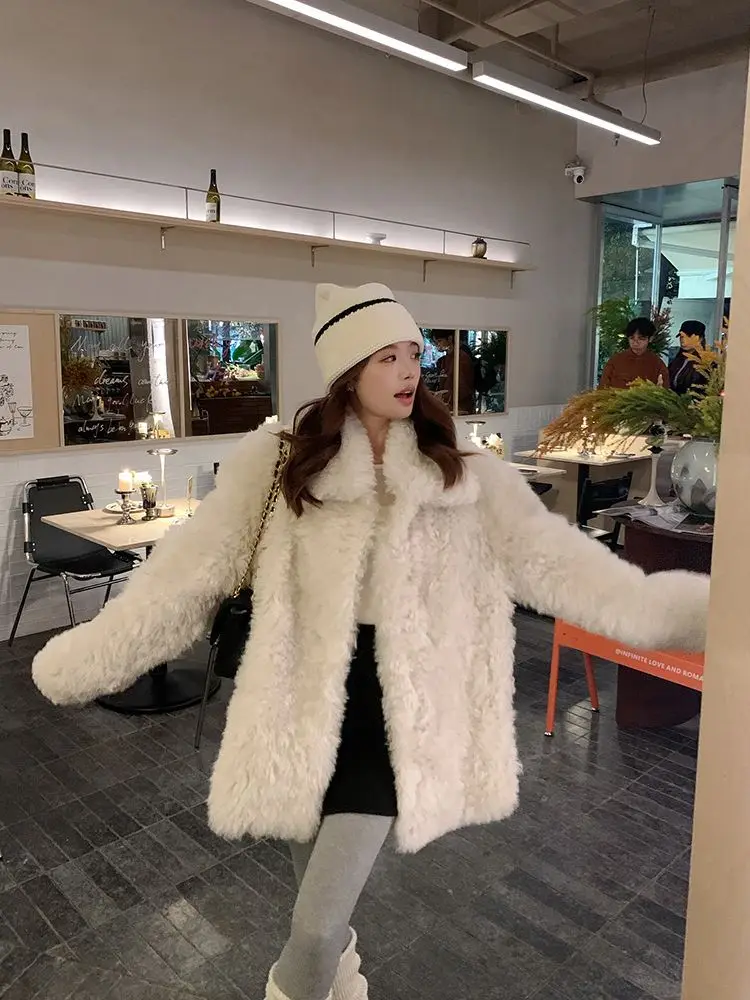 

Faux Fur White Coats Womens Evening Formal Spotless Wild Casual Peluche Cotton Thick Gym Adjustable Simple Waistless Premium Ins