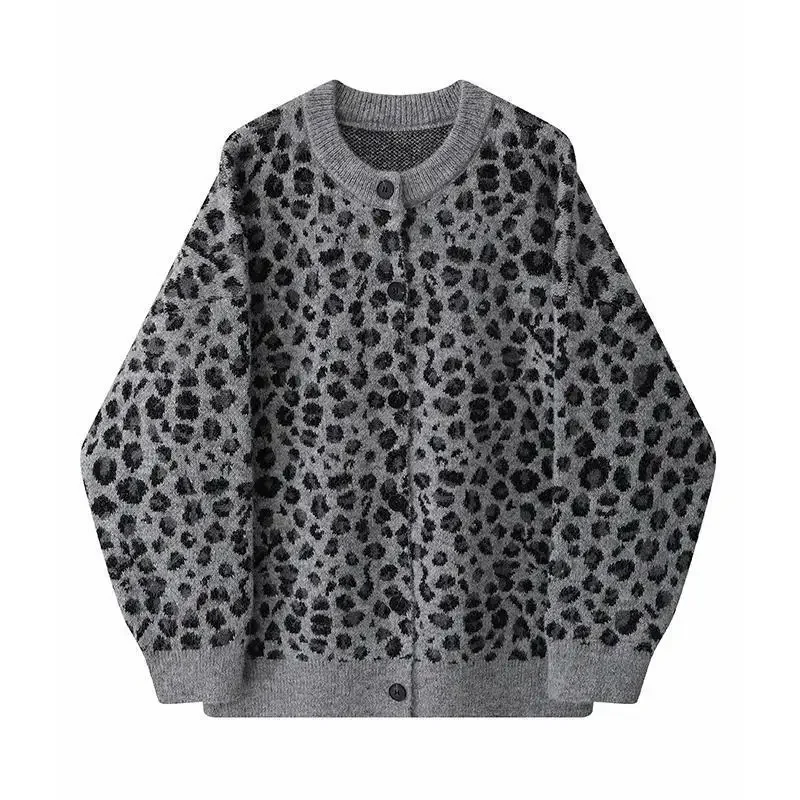 

Oversized Leopard Cardigan Female Coat Autumn New Loose Fashion Long Sleeve Sweater Women's Clothing Fashionable Buttons Top Tee