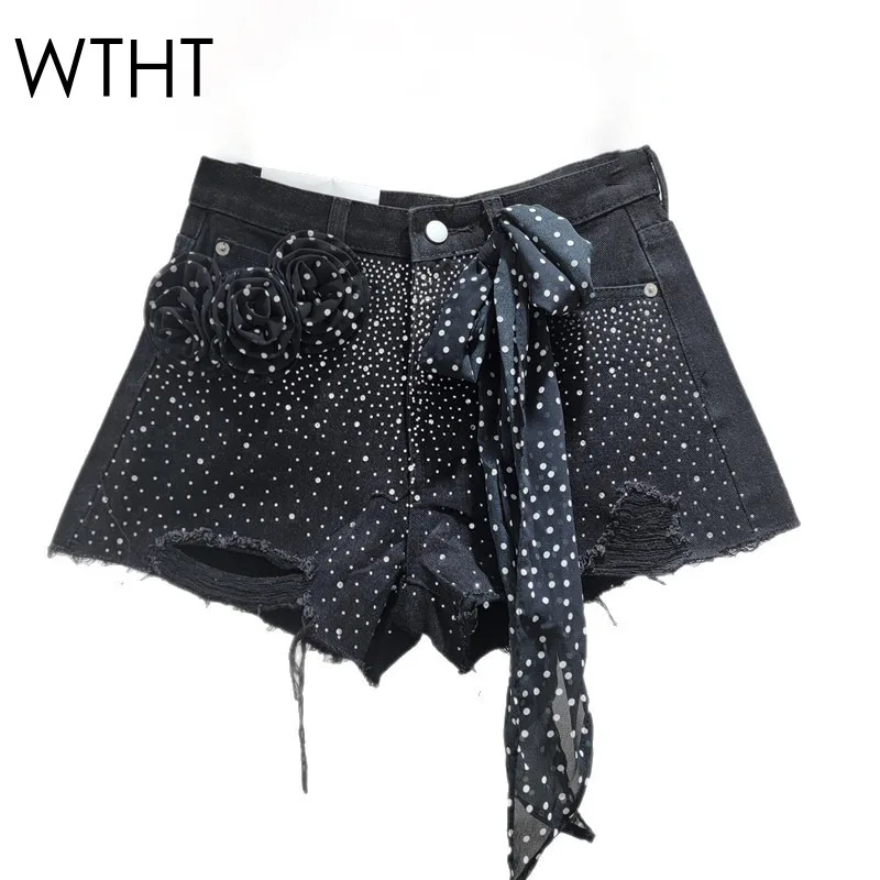 

WTHT модные женские джинсовые шорты с 3D-крапкой и бриллиантами, лето 2022, летние короткие брюки трапециевидной формы с высокой талией, женские 1LS1978