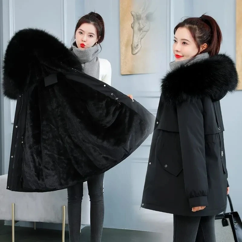 Women Parka Fashion Long Coat Wool Liner Hooded Parkas 2024 New Winter Jacket Slim with Fur Collar Warm Snow Wear Padded Clothes