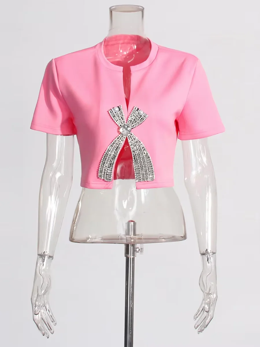 VGH Casual Solid Patchwork Diamanti Split T Shirt per le donne Girocollo Manica corta Dimagrante Minimalista T-shirt Moda femminile