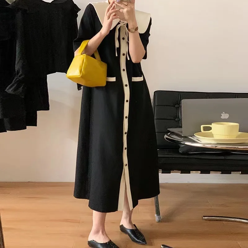Extra große Größe 300-Pou-Bla-Puppenkragen, schlankmachend, lang, koreanisches Kleid, Pendeln, Wind, Sommer, lockere Passform, hohe Taille, A-Linie...