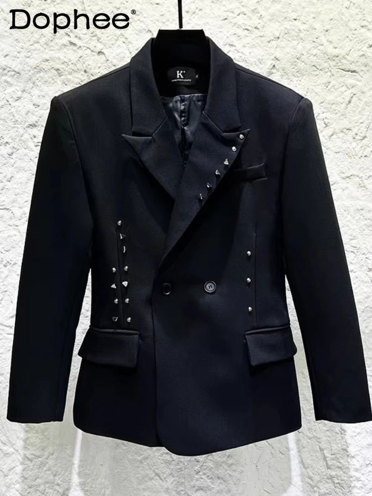 

2026 Spring Men's New Trendy Handsome High-End Suit Jackets Fashion Rivet Wais-tight Chic Tailored Coats Double-Breasted Blazers
