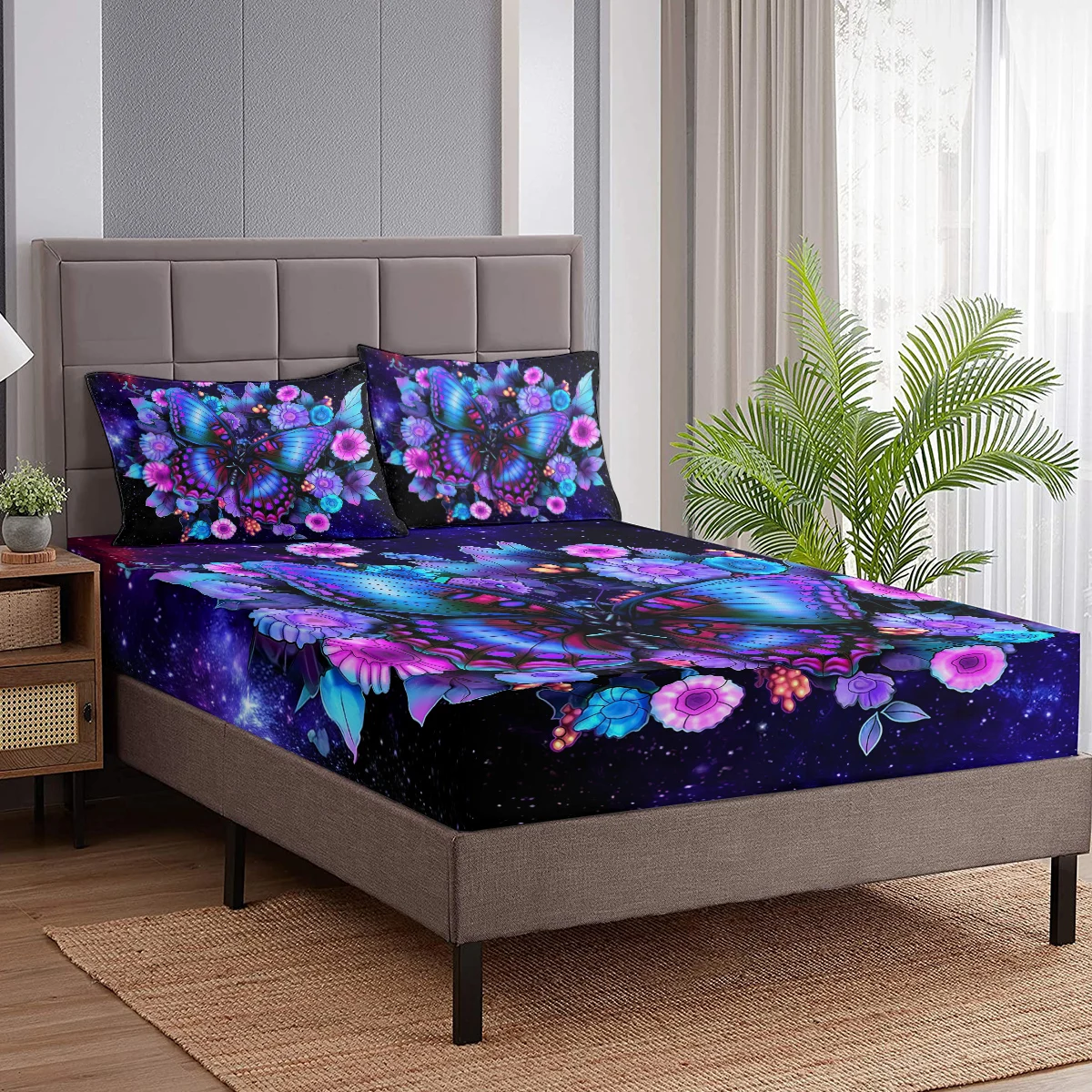 Butterflies on Flowers Against Starry Background Sheet Set 3 Pieces Comfortable Fitted Sheet with 2 Pillowcases