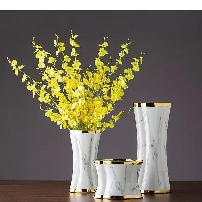 European Marbled Ceramic Vase Gilded Porcelain Handicraft Flower Arrangement Hydroponic Home Living Room Decoration