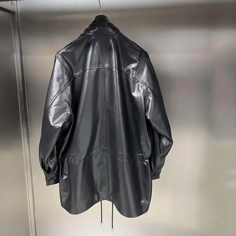 Damen-Jacke aus echtem Leder, normale Länge, Frühlingsmantel, plissierte Taille, doppeltes Revers-Design, natürliches echtes Schaffell