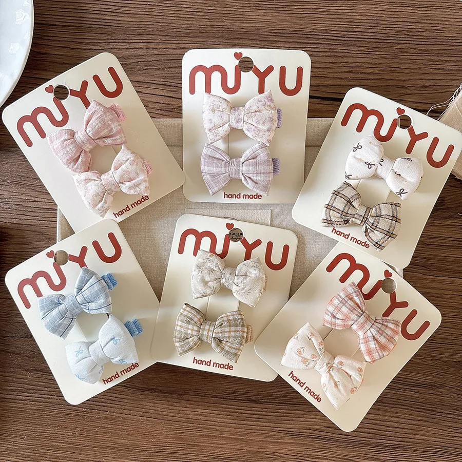 Grampos de cabelo antiderrapantes para meninas, 2 peças de tecido acolchoado com laço lateral, xadrez floral para crianças, cabelo fino e macio