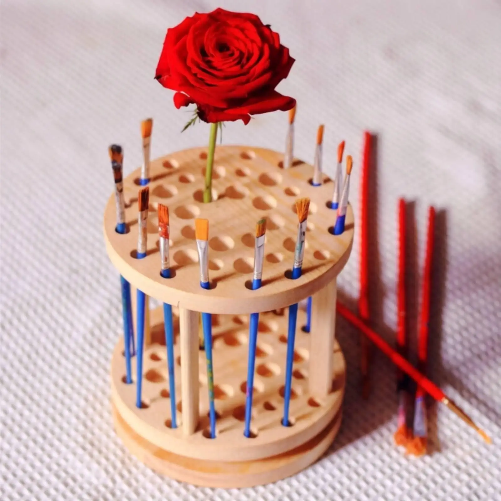 Rotating Brush Holder Wood Wooden Brush Stand Round Pen Holder for Painters,