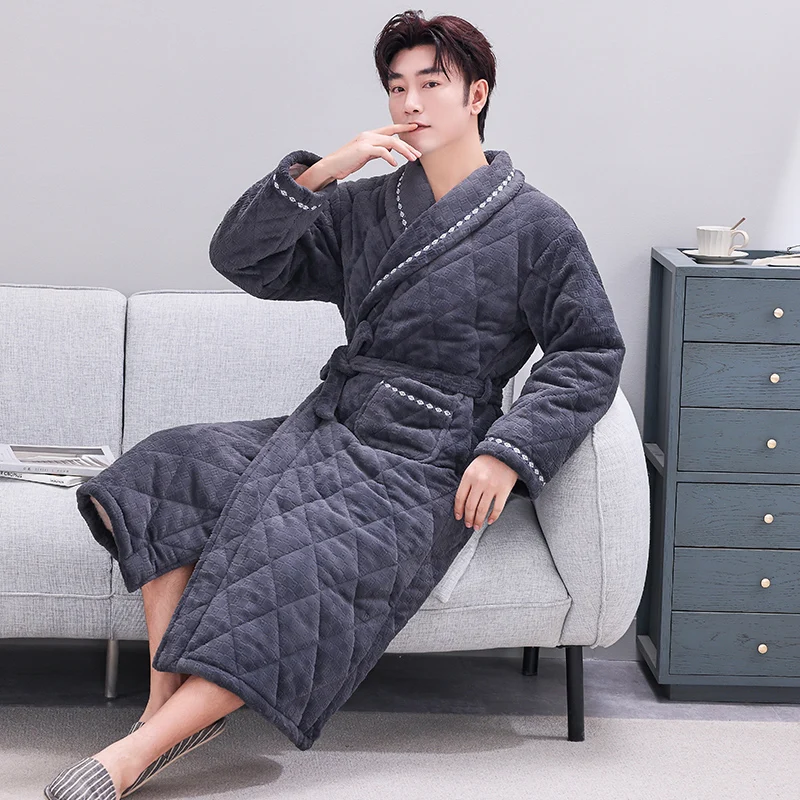 Plus Size L-5XL Men Bath Robe 3 Layer Clip Cotton Robe Male Dressing Gown Pijamas Hombre