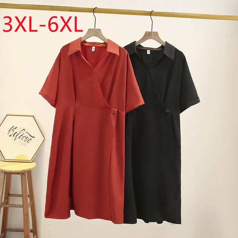 

New 2023 Ladies Spring Summer Plus Size Dress For Women Large Size Short Sleeve V-neck Red Midi Dress 3XL 4XL 5XL 6XL