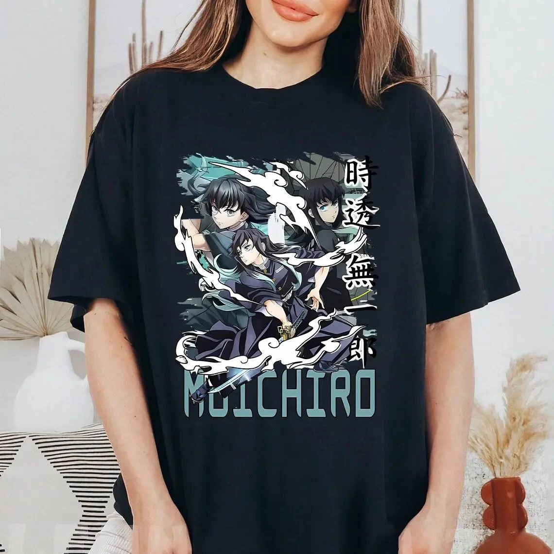 Demon Slayer Muichiro Tokito Mist Hashira Anime Graphic Black Oversized Cotton T Shirt 2026 Summer Streetwear for Men