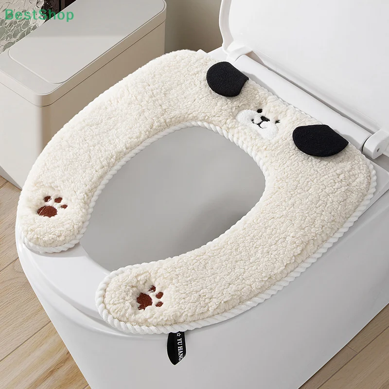 ☆Korean-style Black Ear Dog Cartoon Plush Toilet Seat Cushion, Thickened Adhesive Universal Warm Toilet Cover