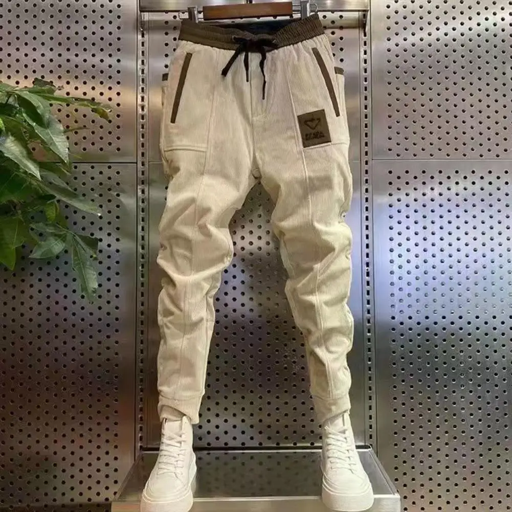 Mid-rise Drawstring Elastic Waistband Contrast Color Pockets Men Pants Autumn Solid Color Corduroy Harem Pants