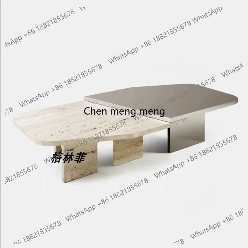 

Medieval coffee table combination industrial wabi wind natural travertine stainless steel coffee table Italian minimalist