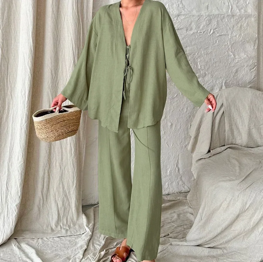 

Women Clothes Solid Color Simple Cotton Hemp V Neck Long Sleeve Pants Casual Set 2024 New Girls Fashion Loose Two Piece Set