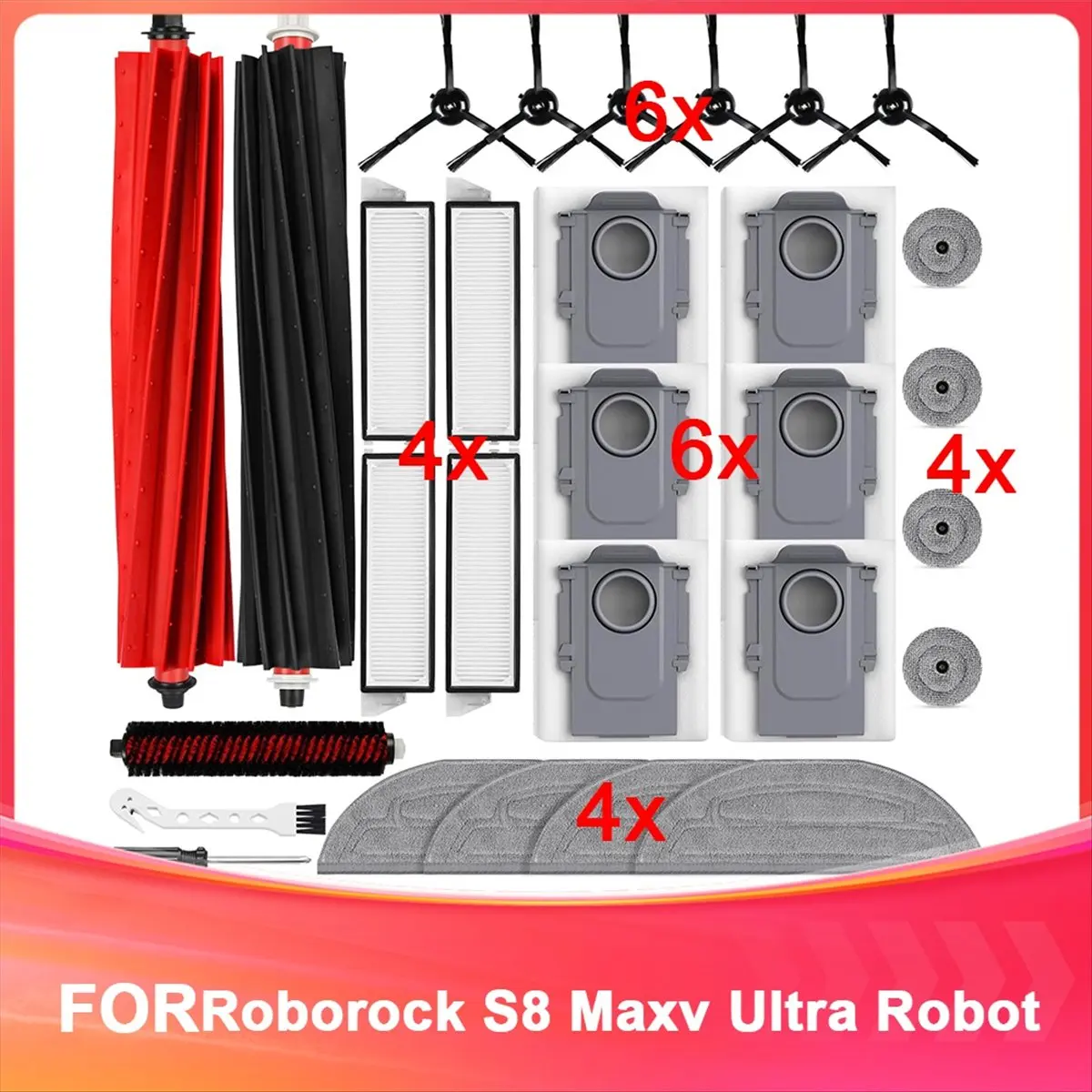 

Комплект аксессуаров B46C для робота-пылесоса Roborock S8 MaxV Ultra: основные щетки, мешки для пыли, салфетки для влажной уборки, салфетки для уборки по краям, фильтры.