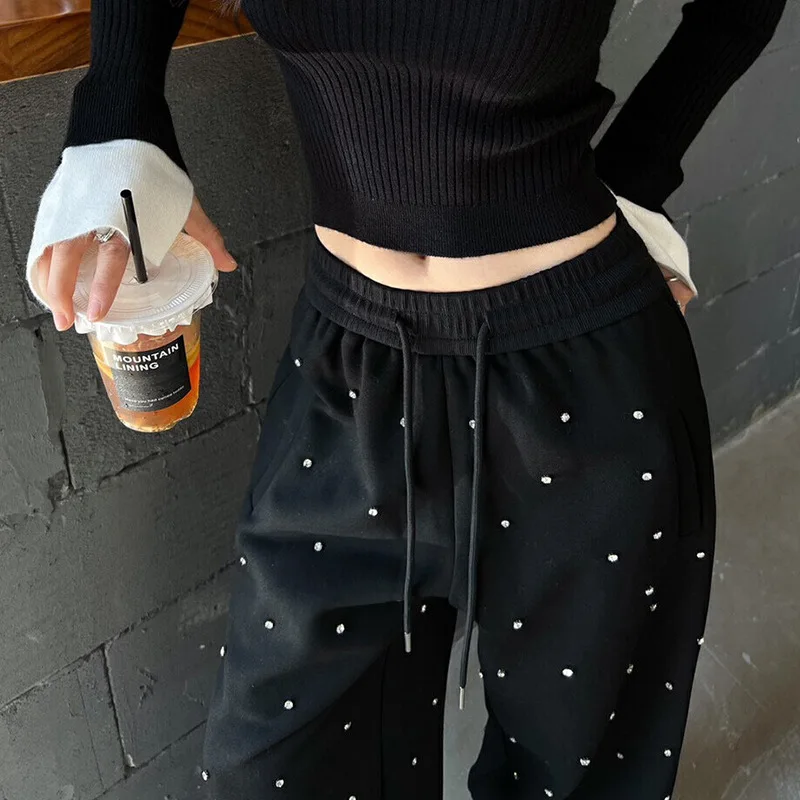 Koreanische Frauen schwarz schick bohren Tupfen weites Bein Freizeit hose Frühling neue y2k Streetwear hohe Taille Jogging hose