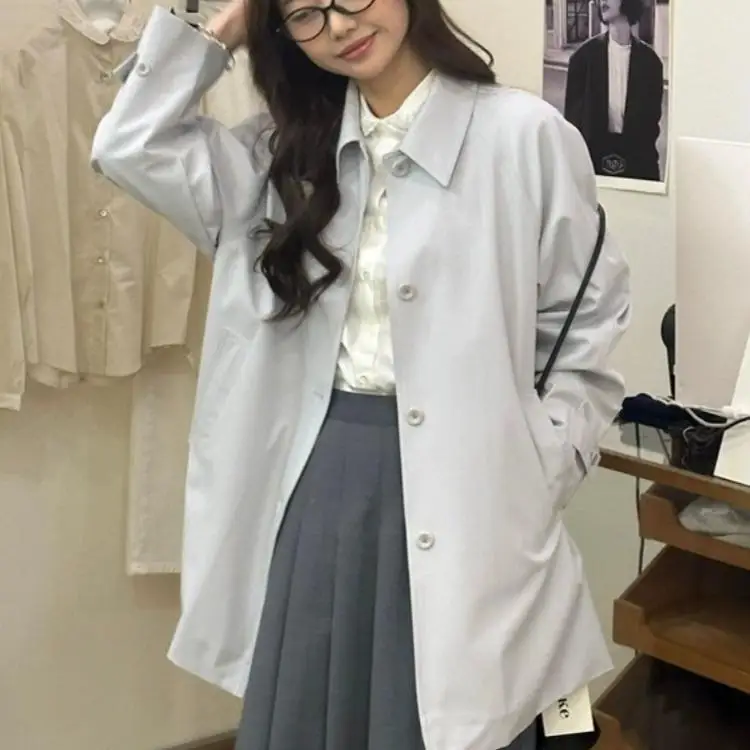 

Slimming Pure Color Loose Fit Turn-down Collar Windbreaker Jaet Women's Faionable Korean Sle Long Sve Coat