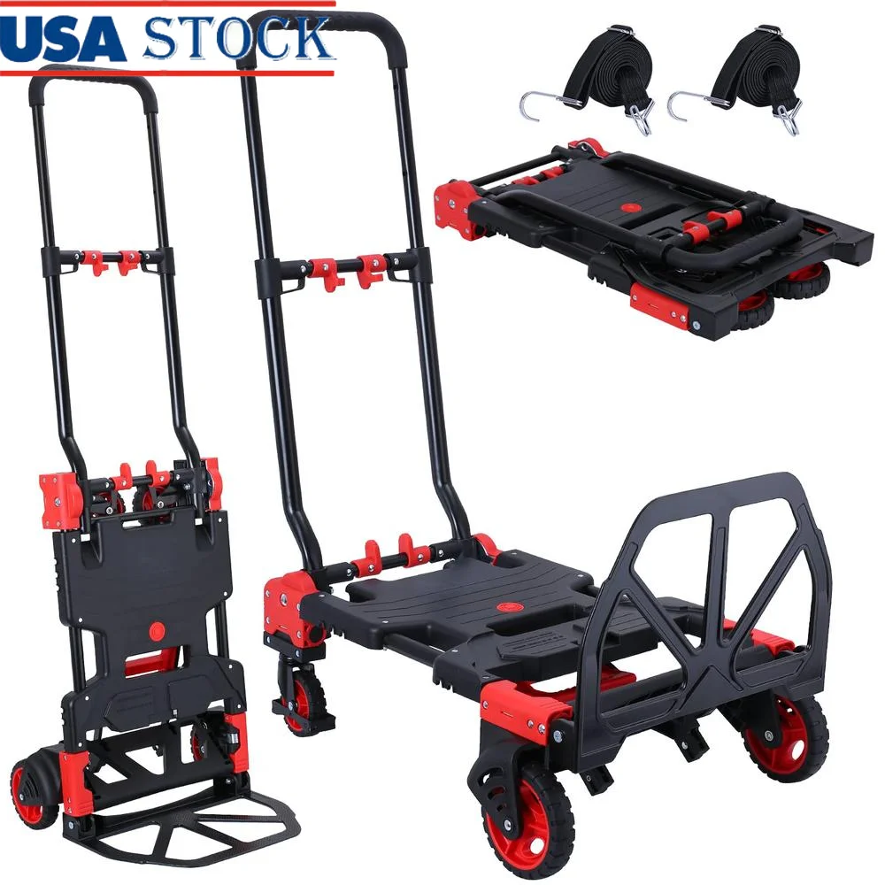 2-in-1 Folding Hand Truck Dolly 330LB Load Capacity Foldable Dolly with Retractable Handle and 4 Rubber Wheels Steel Frame 360