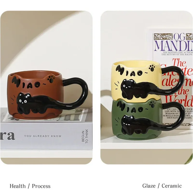 Cute Cat Ceramic Mug 3D Relief Black Cat Coffee Cup Large Handle Hand Painted Tea Mug Home Office Kitchen Drinkware Gift