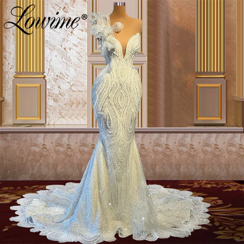 

Lowime Plus Size Ivory White Mermaid Wedding Party Dresses Plus Size Mermaid Customized Lace Beading Crystals Long Evening Gowns