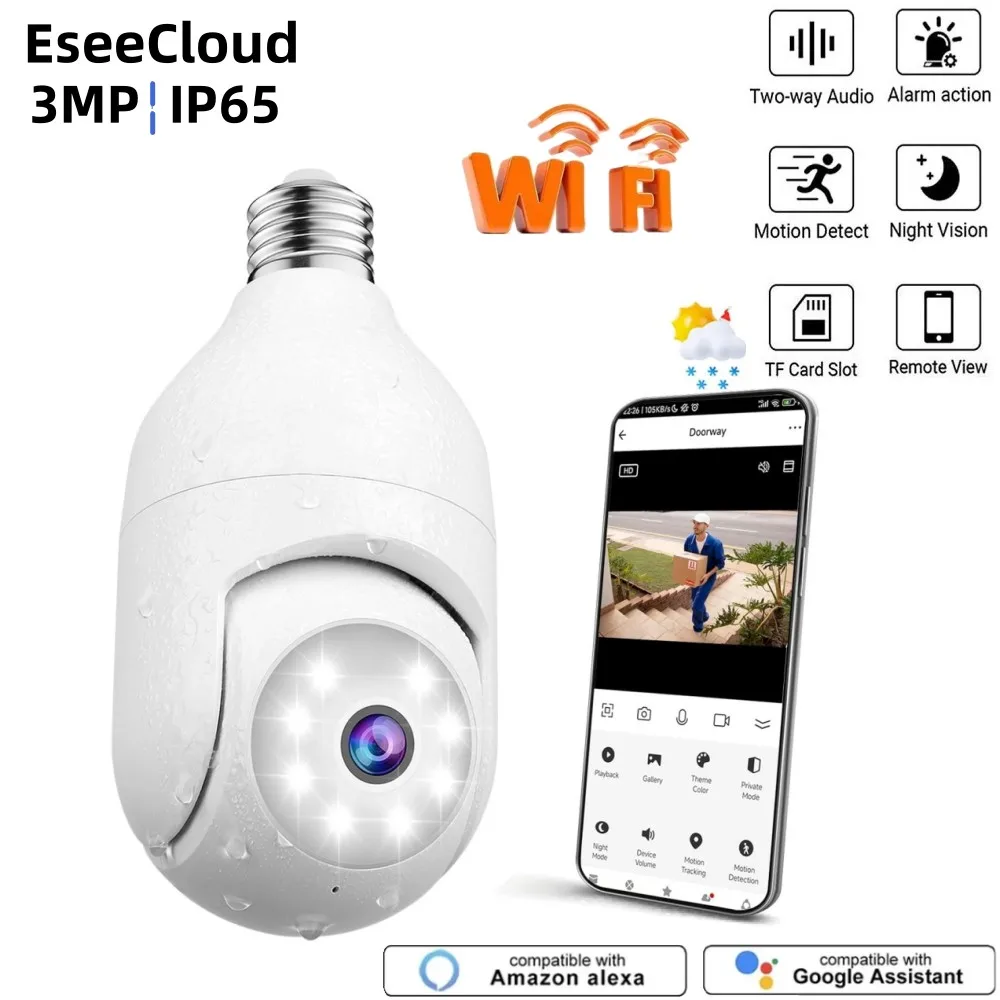 

EseeCloud 3MP Wifi E27 Bulb Camera Night Vision Automatic Human Iptv IP65 Waterproof Outdoor Cameras suitable for Alexa Google