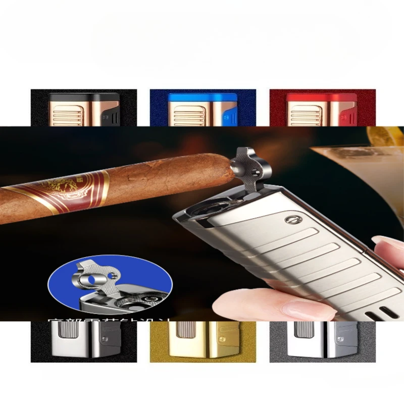 Metal Three Flame Straight Forward Windproof Inflatable Lighter Cigar Drill Integrated Body Cigarette/cigar Lighter Smoking Tool
