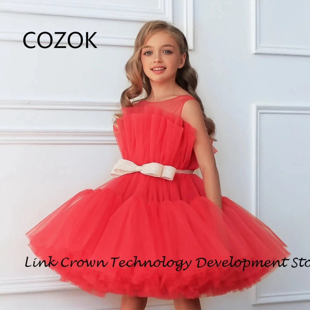 COZOK Scoop Flower Girls Dresses for Princess Soft Tulle Christmas Dresses woth Champagne Bow 2024 Summer New فستان عيد الميلاد