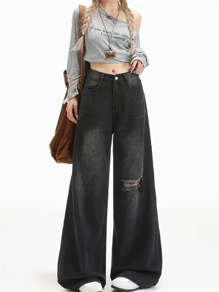 

Джинсы High Street для женщин, осень 2025, новинка, облегающие, с высокой талией, свободные, винтажные, рваные, прямые брюки