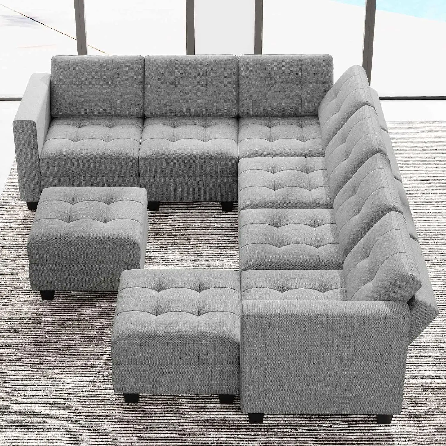 Modular Sectional Sofa with Storage Ottoman Oversized U Shaped Set Reversible Chaises Modern Fabric Light Grey, Customized