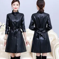 2024 Autumn New Women Long Leather Jacket Slim With Belt Motorcycle PU Leather Long Jacket Coat Leather Trench