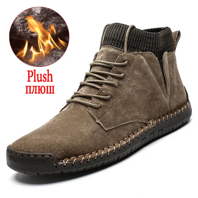 Brand Men\'s Snow Boots Winter Plush Warm Men Motorcycle Boots Non-slip Leather Male Snow Boots Autumn Man Work Shoes Hot Sale