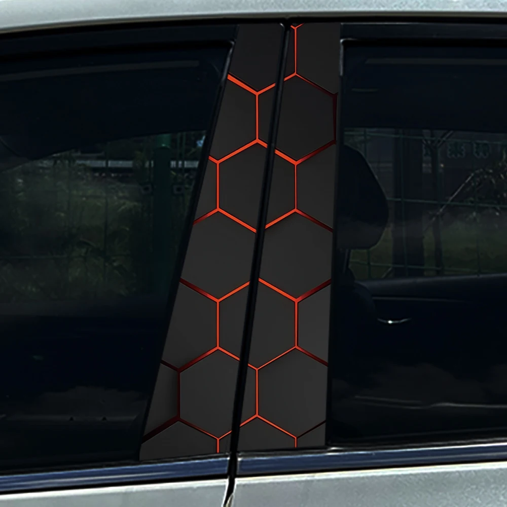4Pcs/Set Hexagon Tech Neon Red Honeycomb Minimalist Geometric Cyber Grid Car Center B Pillar Protective Film Sticker For Opel