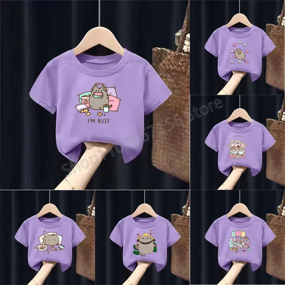 Purple Pusheen Teenagers T-shirts Cartoon Anime Figures Fat Cats Short Sleeves Tees Round Neck Tops Boutique Boys Girls Clothes